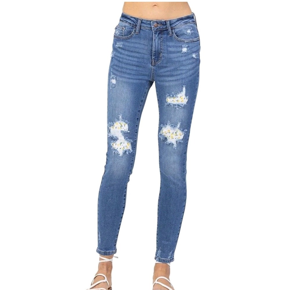 Judy‎ Blue Lemon Print Distressed Skinny Jeans High Waist Medium Wash NEW 16W